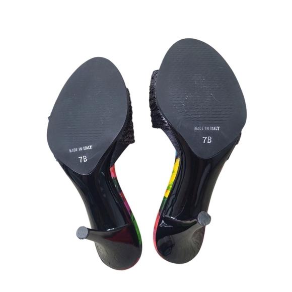 Vintage Beverly Feldman “Enrich Me” Black Linen Peony Sandals with Heels Size 7 - Picture 10 of 11